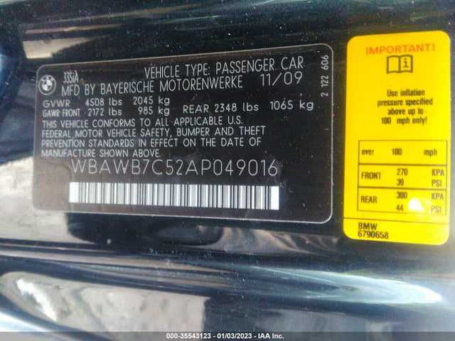 2010 BMW 3 SERIES 335I VIN: WBAWB7C52AP049016