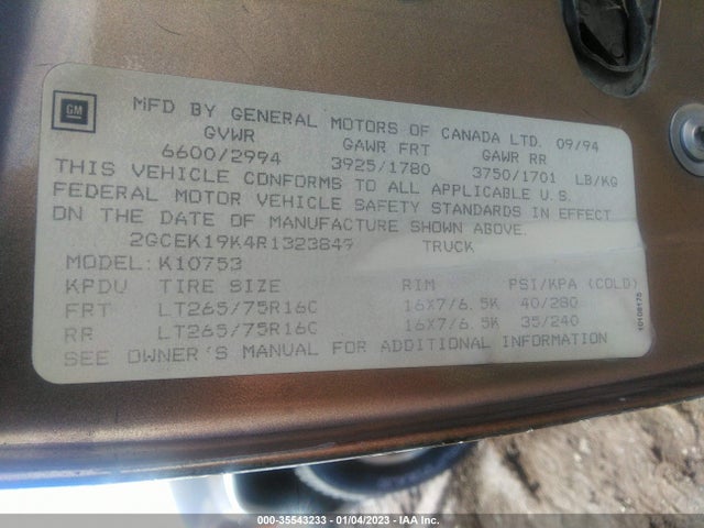 1994 CHEVROLET GMT-400 K1500 VIN: 2GCEK19K4R1323849