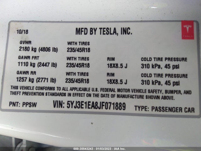 Tesla Model 3 Range Battery 2018 5YJ3E1EA8JF071889 Image 11