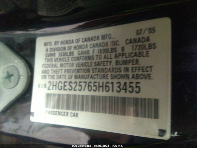 2005 HONDA CIVIC SDN EX VIN: 2HGES25765H613455