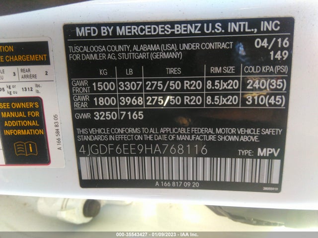 2017 Mercedes-Benz GL-Class, VIN: 4JGDF6EE9HA768116