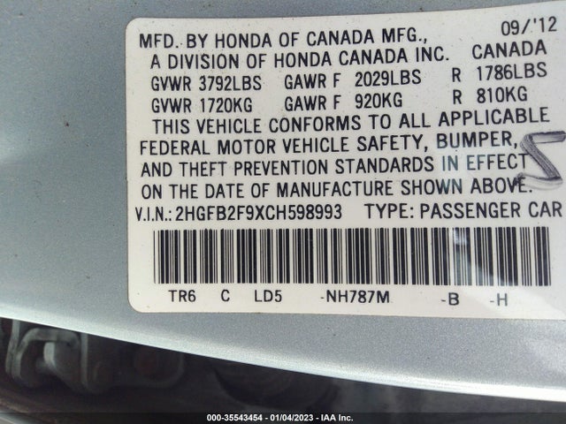 2012 HONDA CIVIC SDN EX-L VIN: 2HGFB2F9XCH598993