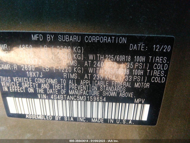2021 Subaru Outback, VIN: 4S4BTANC5M3159654