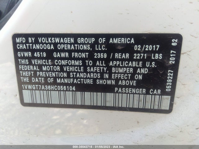 1VWGT7A36HC056104 Volkswagen Passat 1.8t Se W/technology