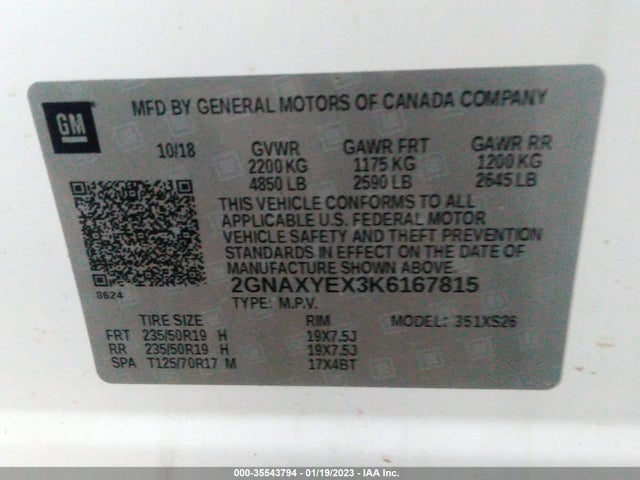 2019 CHEVROLET EQUINOX PREMIER VIN: 2GNAXYEX3K6167815