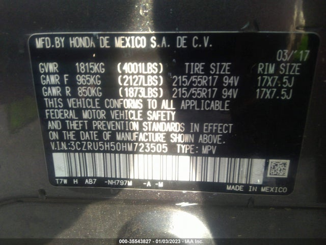 2017 HONDA HR-V EX VIN: 3CZRU5H50HM723505