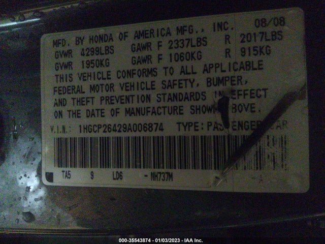 2009 HONDA ACCORD SDN LX-P VIN: 1HGCP26429A006874
