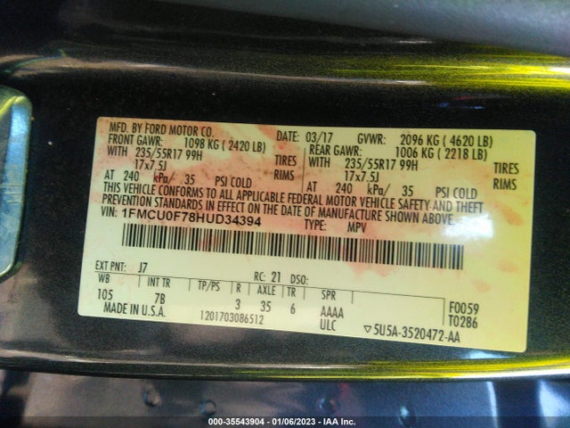 2017 FORD ESCAPE S VIN: 1FMCU0F78HUD34394