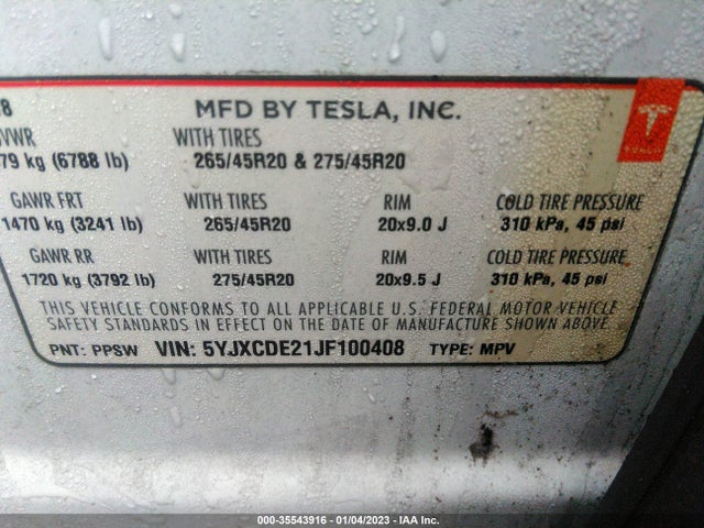 Tesla Model X 75d/100d/p100d 2018 5YJXCDE21JF100408 Image 9