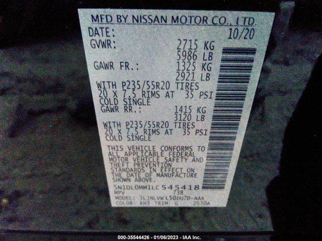 2020 Infiniti QX60, VIN: 5N1DL0MM1LC545418