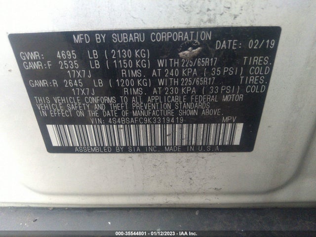 2019 SUBARU OUTBACK PREMIUM VIN: 4S4BSAFC9K3319419