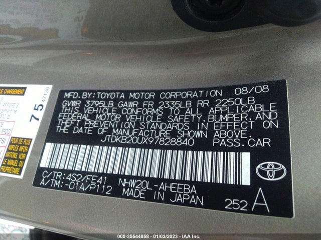 2009 TOYOTA PRIUS VIN: JTDKB20UX97828840