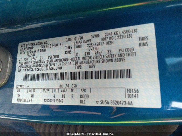 2020 Ford Escape, VIN: 1FMCU9G60LUA86340