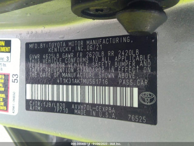 2021 Toyota Camry, VIN: 4T1K31AK7MU561716