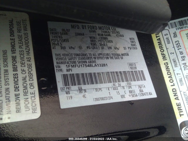 2008 FORD EXPEDITION EDDIE BAUER/KING RANCH VIN: 1FMFU17548LA13281