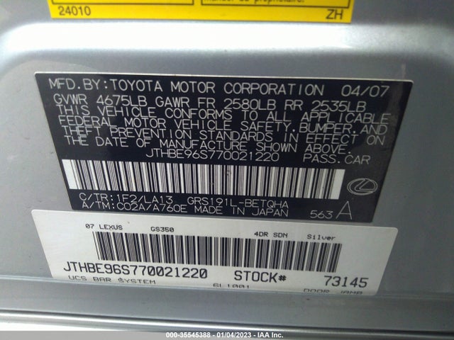JTHBE96S770021220 Lexus GS 350