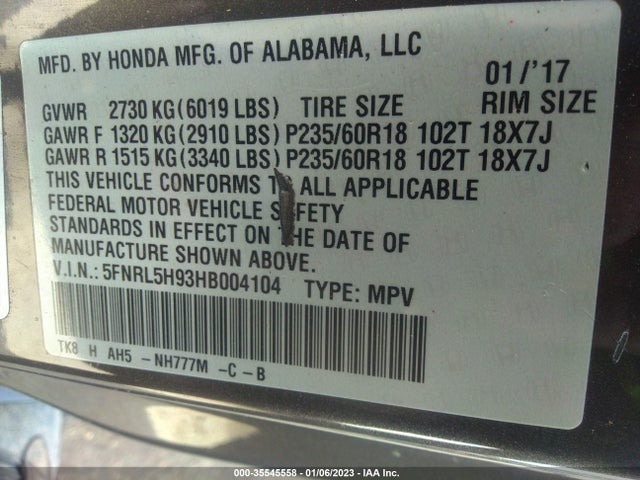 2017 Honda Odyssey, VIN: 5FNRL5H93HB004104