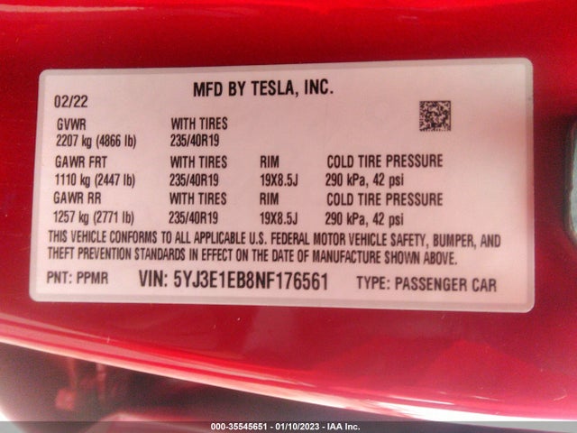 Tesla Model 3 Long Range 2022 5YJ3E1EB8NF176561 Image 10
