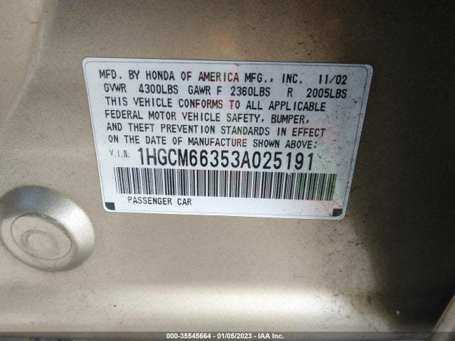 2003 HONDA ACCORD SDN LX VIN: 1HGCM66353A025191