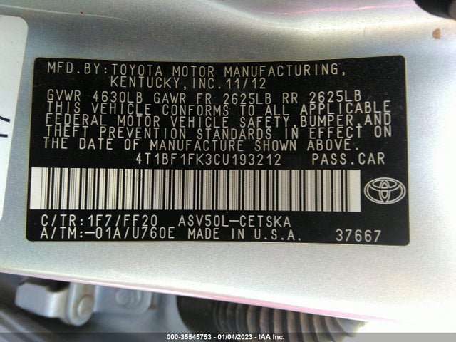 2012 TOYOTA CAMRY L/LE/SE/XLE VIN: 4T1BF1FK3CU193212