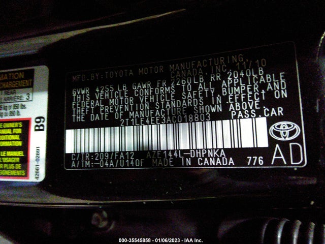 2010 TOYOTA MATRIX S VIN: 2T1LE4EE3AC018803
