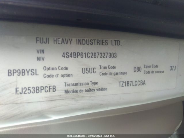 4S4BP61C267327303 Subaru Legacy Wagon Outback 2.5i