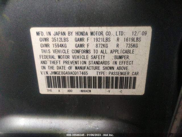 2010 HONDA FIT SPORT VIN: JHMGE8G49AC017465