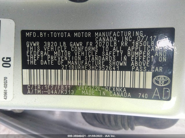 2017 TOYOTA COROLLA L/LE/XLE/SE VIN: 2T1BURHE3HC952641