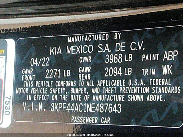 2022 KIA FORTE GT VIN: 3KPF44AC1NE487643