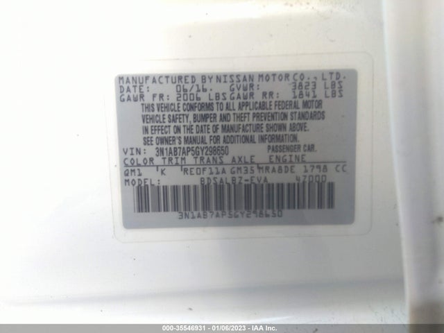 2016 Nissan Sentra, VIN: 3N1AB7AP5GY298650