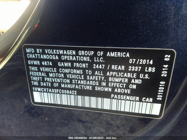1VWCV7A33FC008422 Volkswagen Passat 2.0l Tdi Sel Premium