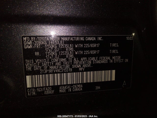 2022 Toyota RAV4, VIN: 2T3P1RFV4NC315519