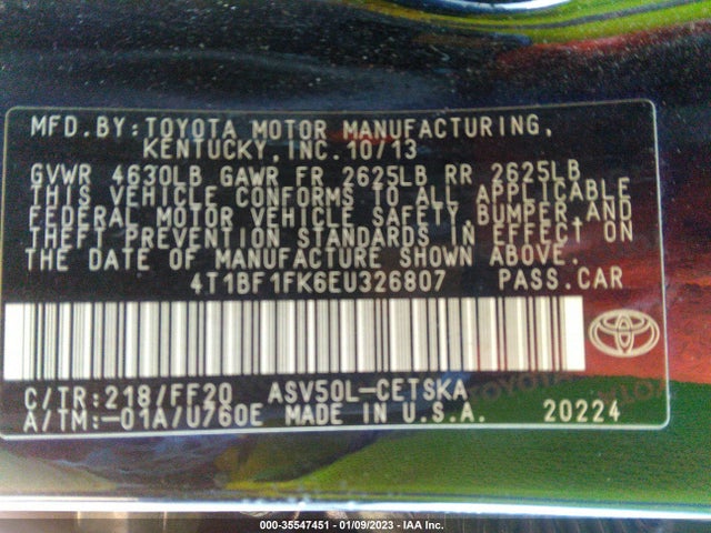 2014 TOYOTA CAMRY L/LE/XLE/SE/SE SPORT VIN: 4T1BF1FK6EU326807