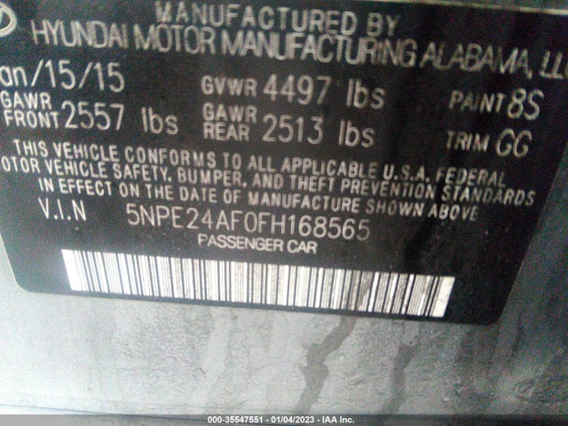 2015 HYUNDAI SONATA 2.4L SE VIN: 5NPE24AF0FH168565
