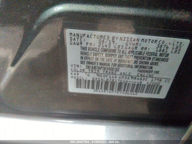 2019 NISSAN SENTRA S VIN: 3N1AB7AP7KY406162
