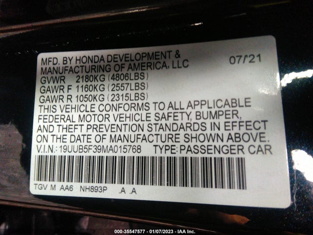2021 Acura TLX, VIN: 19UUB5F39MA015768