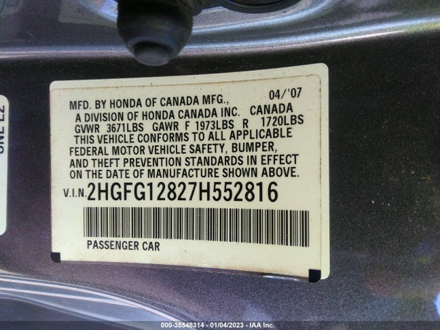 2007 HONDA CIVIC CPE EX VIN: 2HGFG12827H552816