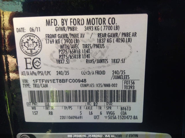 2011 FORD F-150 XLT/FX4/LARIAT VIN: 1FTFW1ET8BFC00948