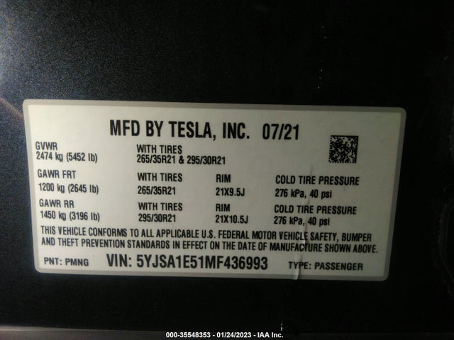 2021 Tesla Model S, VIN: 5YJSA1E51MF436993