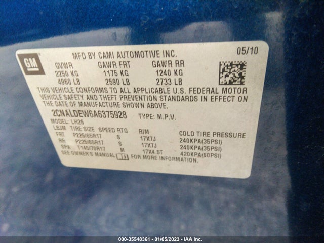 2010 CHEVROLET EQUINOX LT W/1LT VIN: 2CNALDEW6A6375928