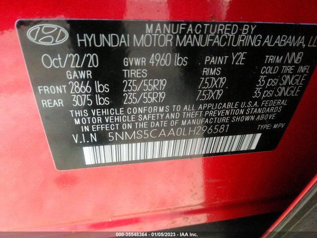 2020 Hyundai Santa Fe, VIN: 5NMS5CAA0LH296581