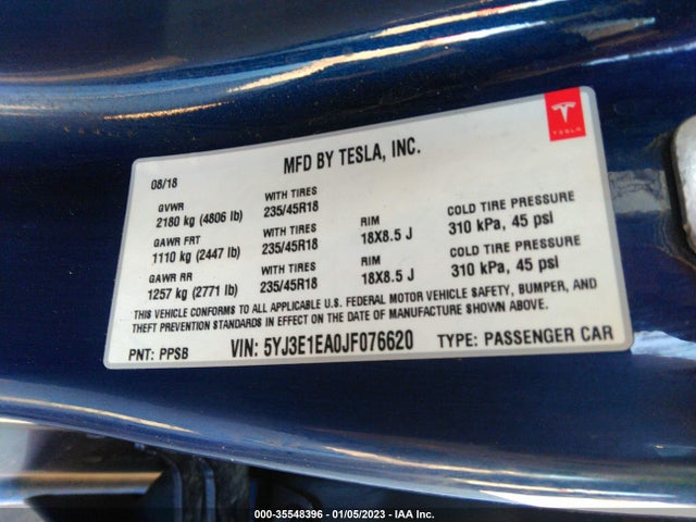 Tesla Model 3 Range Battery 2018 5YJ3E1EA0JF076620 Image 9