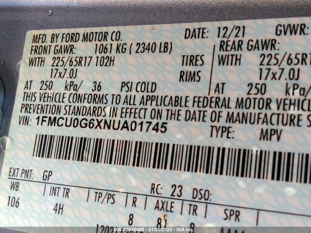 2022 Ford Escape, VIN: 1FMCU0G6XNUA01745