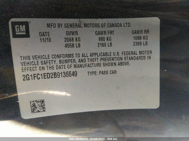 2011 CHEVROLET CAMARO 2LT VIN: 2G1FC1ED2B9136649