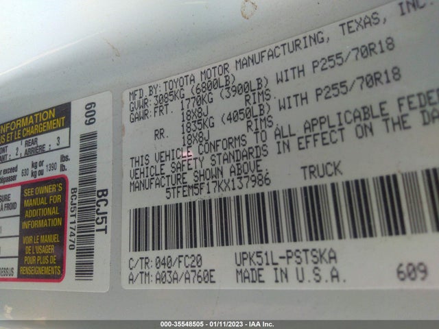2019 Toyota Tundra, VIN: 5TFEM5F17KX137986