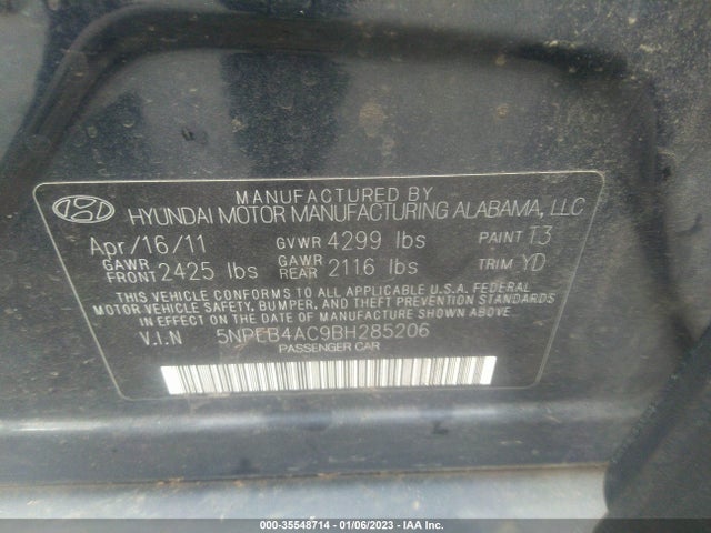 2011 HYUNDAI SONATA GLS PZEV VIN: 5NPEB4AC9BH285206