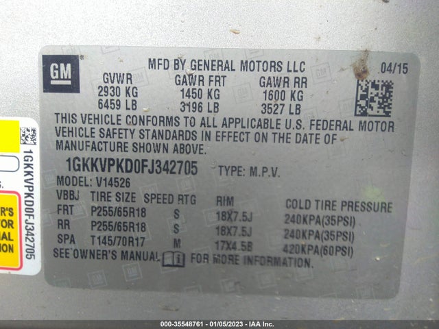 GMC ACADIA SLE 2015 1GKKVPKD0FJ342705 Image 9