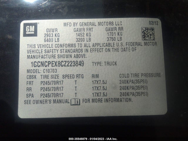 2012 CHEVROLET SILVERADO 1500 WORK TRUCK VIN: 1GCNCPEX8CZ223849