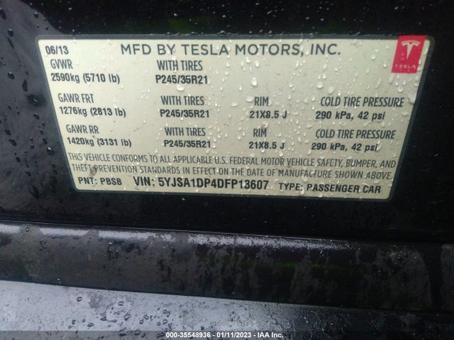 2013 TESLA MODEL S PERFORMANCE VIN: 5YJSA1DP4DFP13607