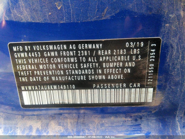 2019 Volkswagen Golf R, VIN: WVWVA7AU8KW149110